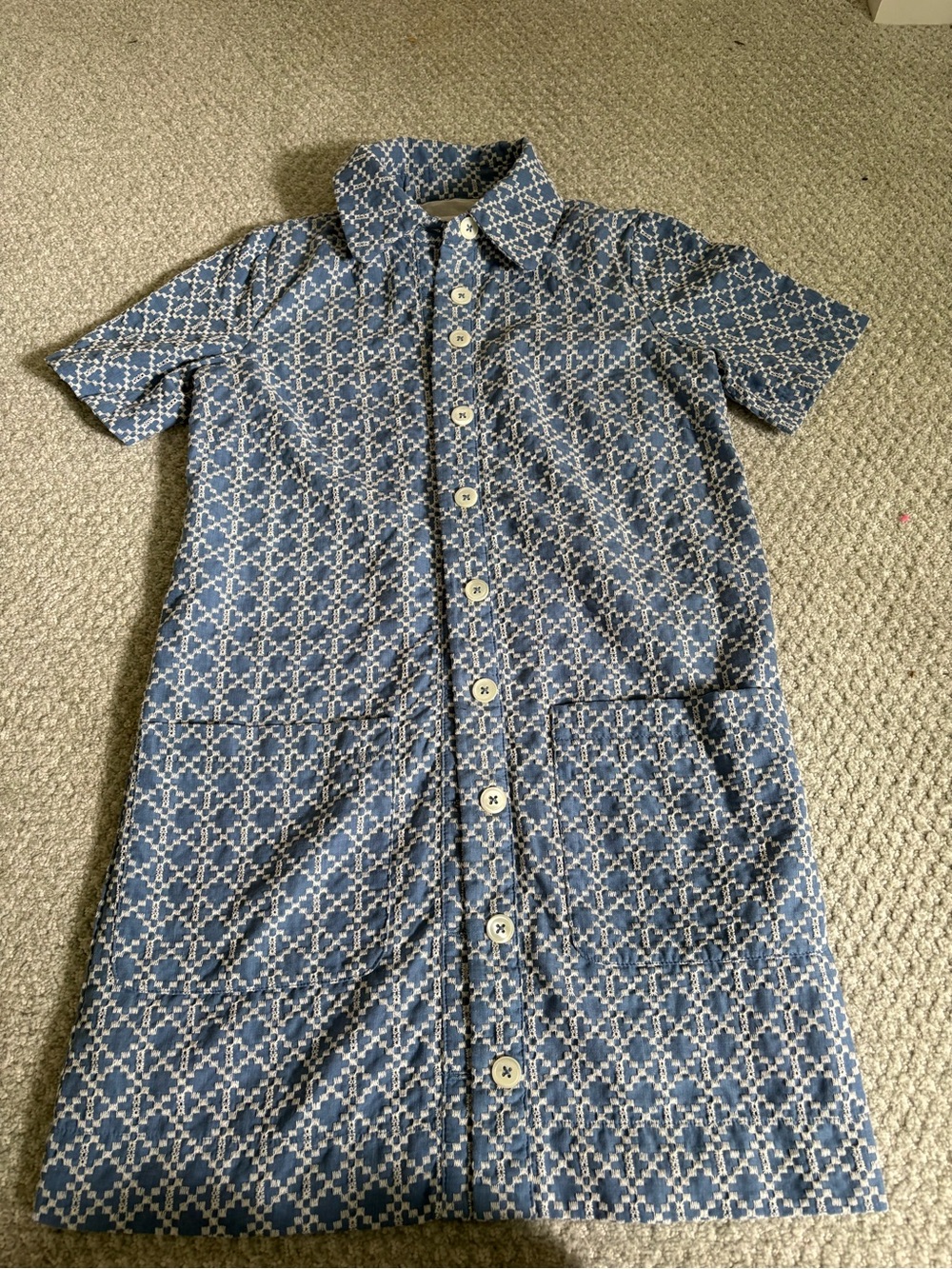 Tuckernuck Pomander Place Button-Front Blue Patterned Short Sleeve Dress XXS